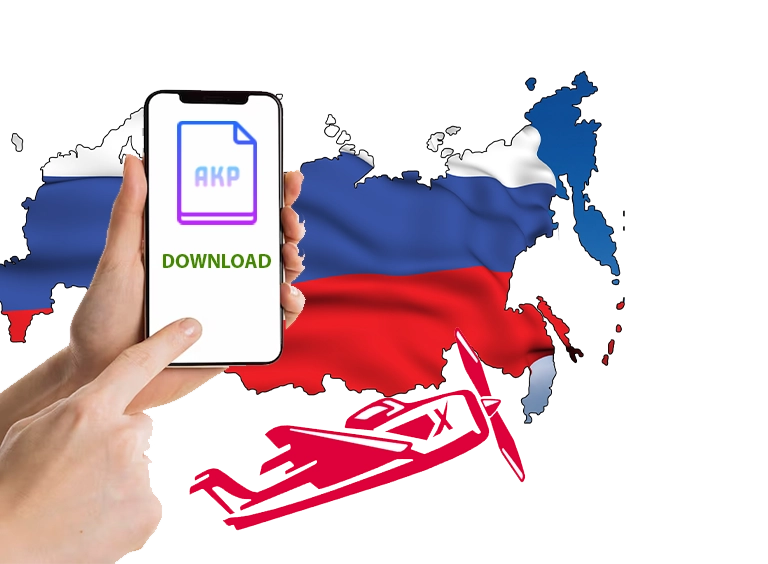 Рука держит телефон с Aviator APK файл для загрузки и русский флаг на фоне 