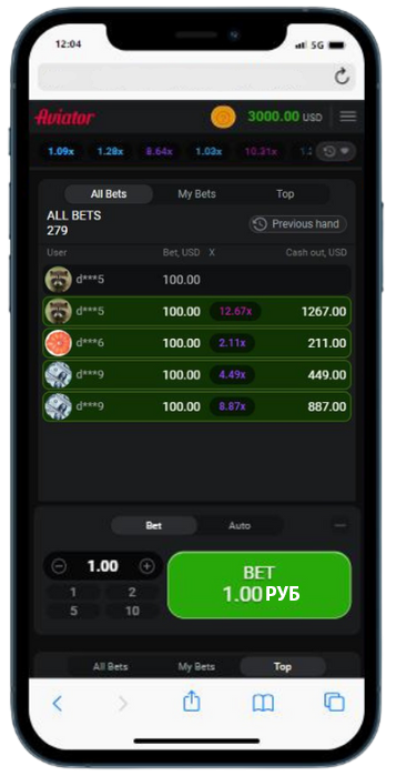 A smartphone with an Aviator app on the screen showing all bets table 